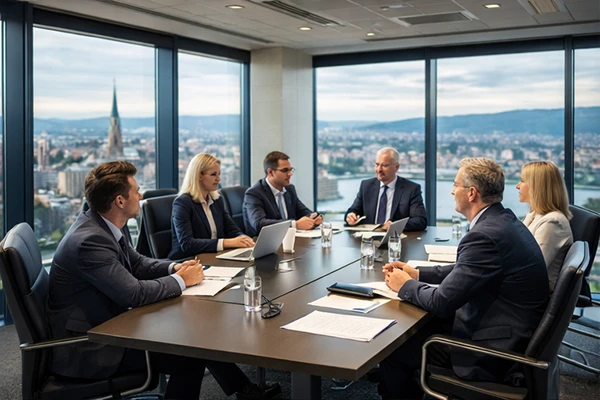 Swiss board of directors meeting in modern office, corporate governance Switzerland AG SA board members strategy discussion